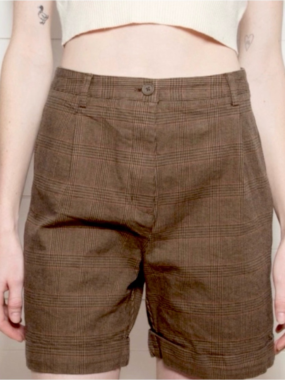 Brandy Melville Brown Plaid High-Rise Tailored Shorts, Size O/S (XS/S)